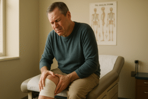 Middle-aged man sitting on a hospital bed holding his bandaged thigh with a pained expression in an orthopedic exam room.