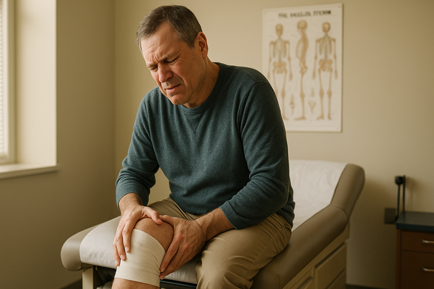 Middle-aged man sitting on a hospital bed holding his bandaged thigh with a pained expression in an orthopedic exam room.