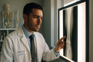Young male orthopedic oncologist closely examining a leg X-ray on a light board in a modern medical office with bone models and diagnostic tools in the background.