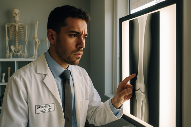 Young male orthopedic oncologist closely examining a leg X-ray on a light board in a modern medical office with bone models and diagnostic tools in the background.