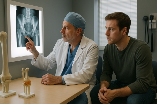 Orthopedic oncologist in scrubs and white coat examining a pelvic X-ray with a concerned young adult patient in a clinical consultation room.