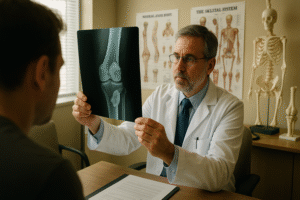 Orthopedic oncologist examining a femur X-ray with a tumor beside a patient in a modern consultation room