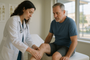 Female orthopedic oncologist examining the leg of a middle-aged male patient in a bright medical clinic.