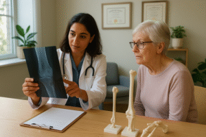Médica oncologista ortopédica analisando radiografia junto a paciente em consultório moderno e bem iluminado, com prancheta, modelos anatômicos e diplomas desfocados ao fundo