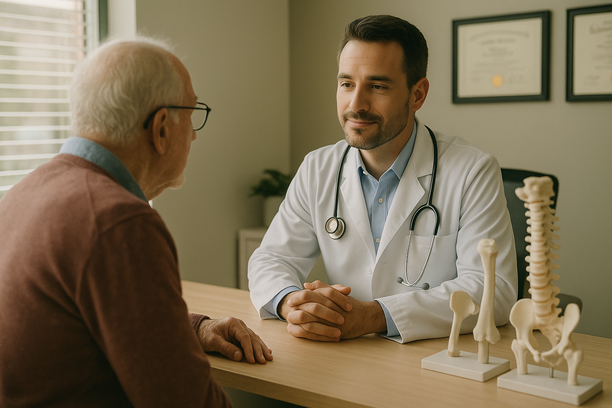 Médico ortopedista oncológico atendendo paciente idoso em clínica moderna com decoração neutra, maquetes de ossos sobre a mesa e diplomas na parede ao fundo
