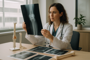 Médica ortopedista oncológica analisa radiografia de membro inferior em consultório iluminado por luz natural, com mesa contendo modelos anatômicos e exames de imagem.