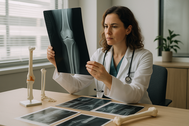 Médica ortopedista oncológica analisa radiografia de membro inferior em consultório iluminado por luz natural, com mesa contendo modelos anatômicos e exames de imagem.