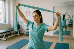 Mulher em clínica de reabilitação fazendo alongamento com faixa elástica, cercada por equipamentos de fisioterapia e refletida parcialmente em espelho lateral.