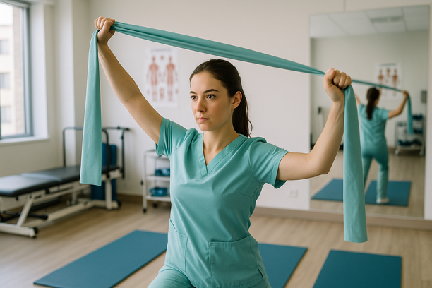 Mulher em clínica de reabilitação fazendo alongamento com faixa elástica, cercada por equipamentos de fisioterapia e refletida parcialmente em espelho lateral.