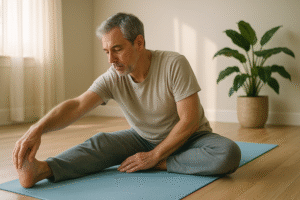 Homem de meia-idade fazendo alongamento em colchonete de yoga azul-claro, em sala iluminada com planta ao fundo