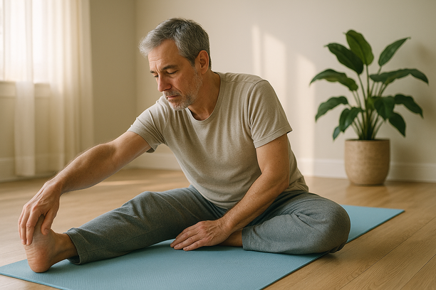 Homem de meia-idade fazendo alongamento em colchonete de yoga azul-claro, em sala iluminada com planta ao fundo