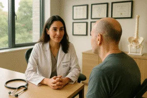 Médica ortopedista oncológica conversa com paciente em sala de exames moderna com luz natural, diplomas na parede, modelo anatômico de ossos e estetoscópio sobre a mesa