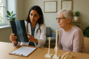 Médica oncologista ortopédica analisando radiografia junto a paciente em consultório moderno e bem iluminado, com prancheta, modelos anatômicos e diplomas desfocados ao fundo