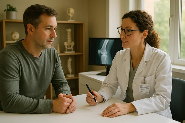 Paciente sentado conversa com médica ortopedista em consultório moderno iluminado por luz natural, com tela de raio-x ao fundo e expressão atenta
