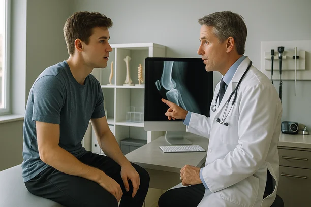 Paciente jovem sentado em mesa de exame enquanto médico ortopedista aponta para radiografia óssea em um monitor, com modelos anatômicos ao fundo e instrumentos médicos organizados