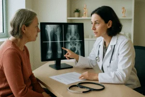 Paciente sentado em frente a médica oncologista analisando exames de imagem digital em consultório moderno de ortopedia oncológica