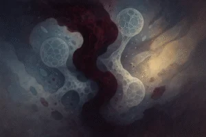 Composição abstrata com formas orgânicas entrelaçadas e partículas douradas em espiral, representando a dualidade entre dor e resiliência no Mieloma Múltiplo, em tons de vinho, roxo, azul pálido e dourado.