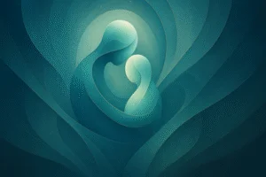 Composição abstrata com formas orgânicas e espirais suaves em tons de azul, verde e dourado, simbolizando cuidado, empatia e resiliência no contexto oncológico