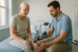 Paciente oncológico sentado em maca recebe terapia com ondas de choque no joelho aplicada por fisioterapeuta em clínica bem iluminada e limpa.