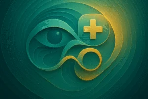 Composição abstrata com formas suaves interligadas por fluxos orgânicos e texturas translúcidas em tons azul-petróleo e verde-esmeralda, com partículas douradas simbolizando vigilância e transformação positiva