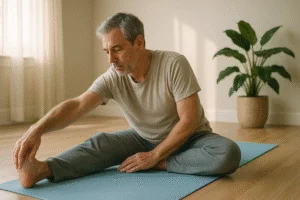 Homem de meia-idade fazendo alongamento em colchonete de yoga azul-claro, em sala iluminada com planta ao fundo